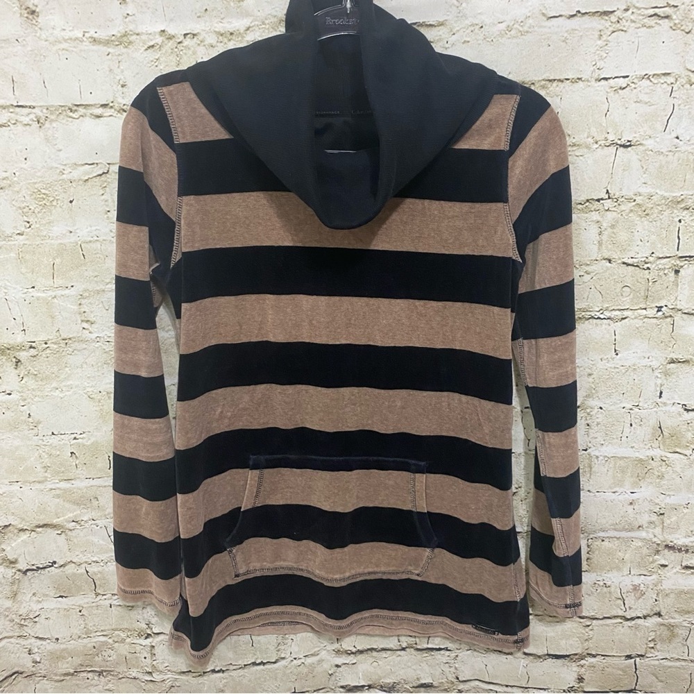 Calvin Klein Performance Black Tan Striped Velour Cowl Neck Sweater